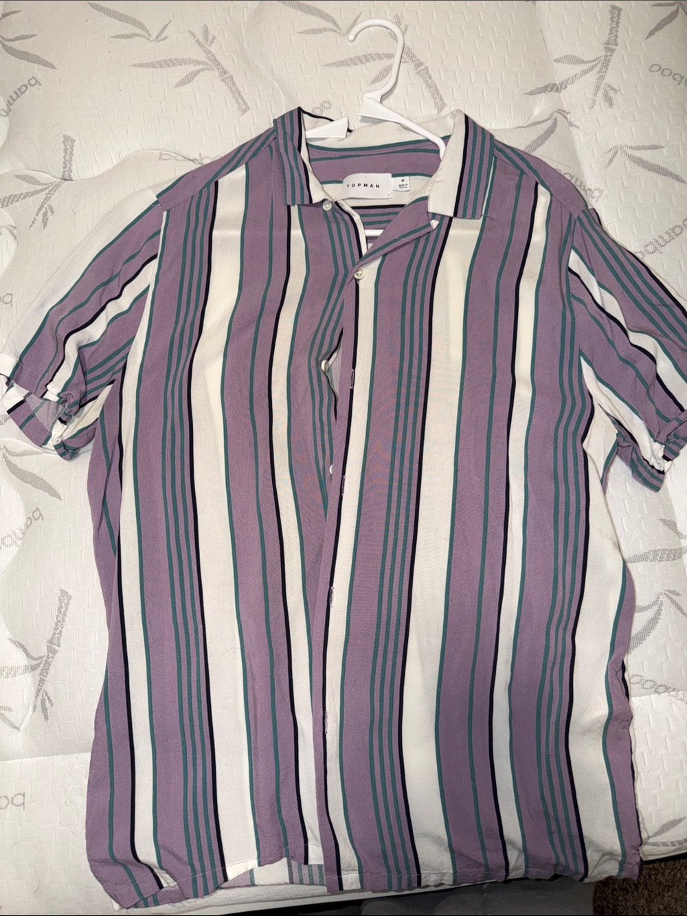 Topman Lavender, White and Teal Vertical Stripe Short Sleeve Shirt